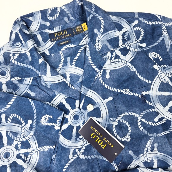 NEW Polo Ralph Lauren Men Small Cotton Linen Nautical Ship Wheel Rope Camp Shirt - Picture 1 of 9